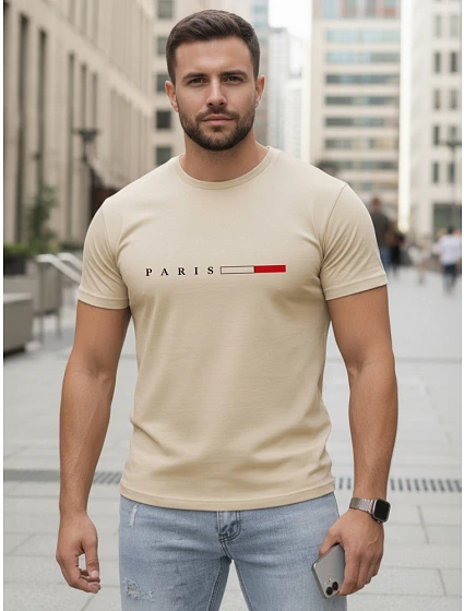 Pánské bavlněné tričko s nápisem PARIS, béžové, FashionStreet NX5139R Pánské bavlněné tričko s nápisem PARIS, béžové, FashionStreet NX5139R
