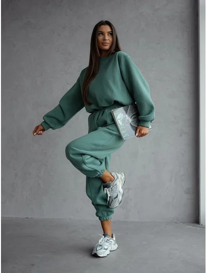 Zelený dámský bavlněný teplákový komplet s krátkou mikinou (82160)