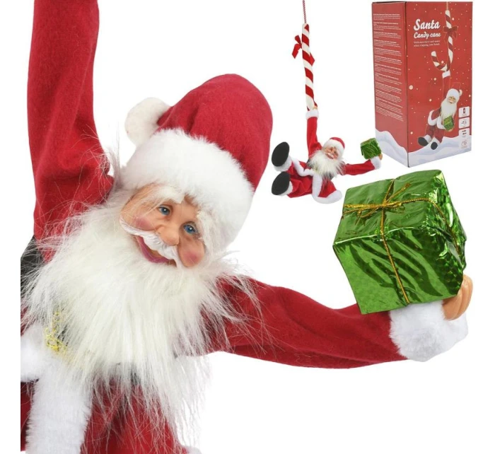 VÁNOČNÍ SANTA HRAJÍCÍ SI NA POHYBLIVÉHO ZÁVĚSNÉHO S LÍZÁTKEM CUKROVÍ 82CM SLÍDA