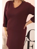Dámská Plus Size šaty máslová s výstřihem do V a rukávem bordó