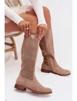 Dámské kozačky s krajkovým vzorem na plochém podpatku model 21998027 Béžové - S.Barski Dámské kozačky s krajkovým vzorem na plochém podpatku model 21998027 Béžové - S.Barski