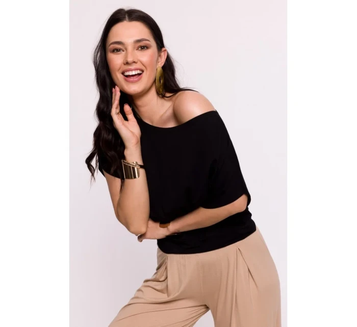 B287 Viskózový top s výstřihem na ramena - černý