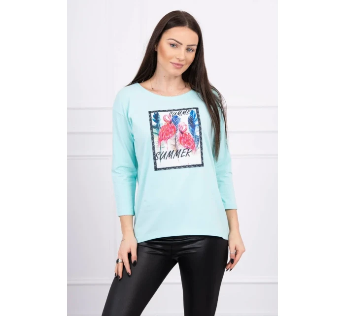 Halenka s 3D grafikou plameňáka v mátové barvě