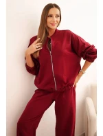 Dámský bavlněný komplet se širokými nohavicemi a mikinou na zip bordový Dámský bavlněný komplet se širokými nohavicemi a mikinou na zip bordový