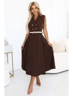 model 21232660 Elegantní midi košilka se zlatými knoflíky a páskem CHOCOLATE - numoco basic
