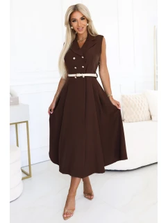 model 21232660 Elegantní midi košilka se zlatými knoflíky a páskem CHOCOLATE - numoco basic