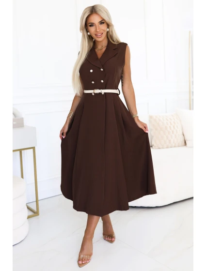 model 21232660 Elegantní midi košilka se zlatými knoflíky a páskem CHOCOLATE - numoco basic