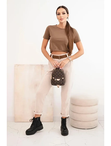 Dámské kalhoty s páskem pruhované béžové