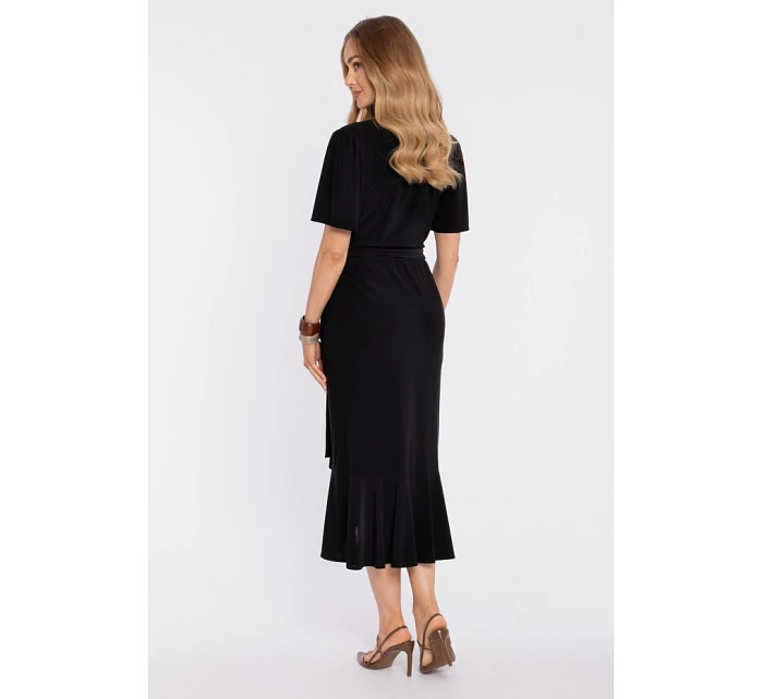 model 22040677 Zavinovací midi šaty s volánem a řasením černé - Moe