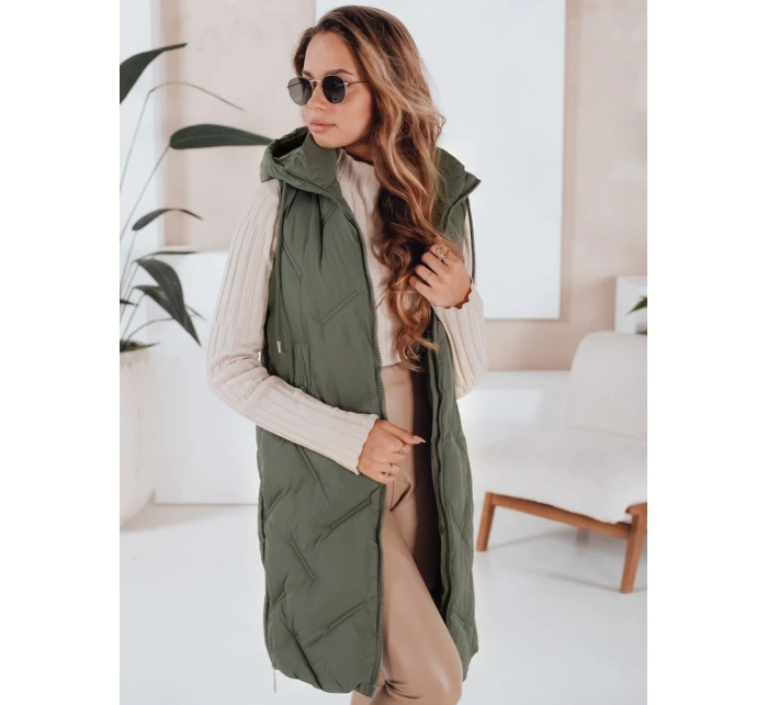 Dámská dlouhá prošívaná vesta s kapucí zelená FashionStreet TY5097 Dámská dlouhá prošívaná vesta s kapucí zelená FashionStreet TY5097