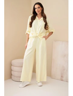 Dámský bavlněný komplet s vázanou košilí a širokými nohavicemi žlutý
