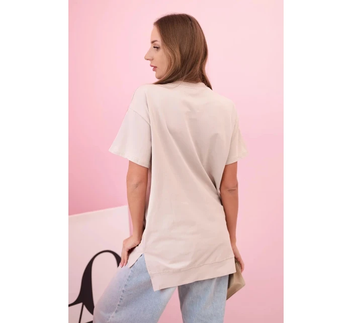 Dámské oversize bavlněné tričko srdcem a třásněmi béžové