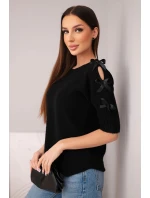 Dámský svetr s krátkým rukávem a ozdobnými mašličkami černý