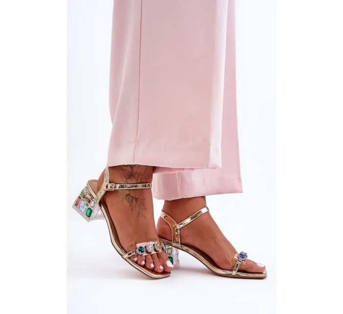 Dámské sandály na podpatku s krystaly zlaté SBarski