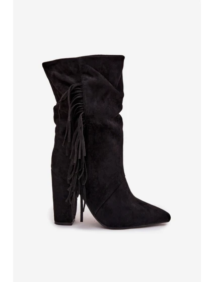 Zateplené dámské kotníkové boty na sloupkovém podpatku s třásněmi a řasením Darlina – černé