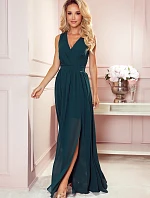 JUSTINE - Dlouhé dámské šaty v lahvově zelené barvě s výstřihem a zavazováním 362-2