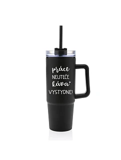 PRÁCE NEUTEČE, KÁVA VYSTYDNE! - černý cestovní termohrnek s průhledným víčkem 900 ml
