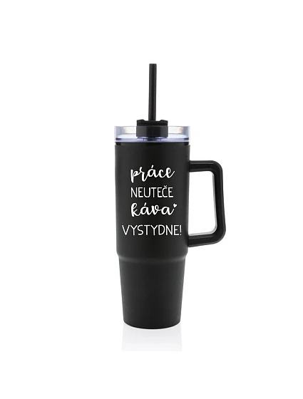 PRÁCE NEUTEČE, KÁVA VYSTYDNE! - černý cestovní termohrnek s průhledným víčkem 900 ml