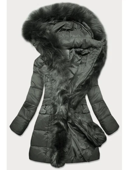 Prošívaná dámská zimní bunda v khaki barvě s kapucí (aura) Prošívaná dámská zimní bunda v khaki barvě s kapucí (aura)