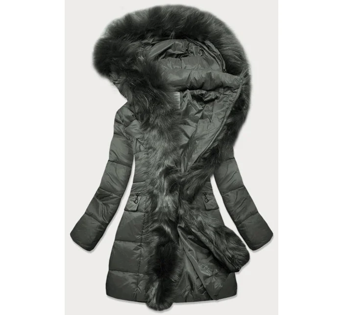 Prošívaná dámská zimní bunda v khaki barvě s kapucí (aura) Prošívaná dámská zimní bunda v khaki barvě s kapucí (aura)