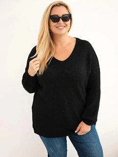 Dámský svetr Plus Size s vlnou s výstřihem do V černý