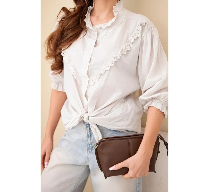 Dámská bavlněná košile s krajkou a zavazováním béžová