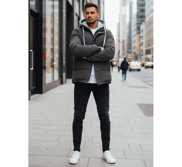 Pánská prošívaná zimní bunda s kapucí tmavě šedá FashionStreet TX5103