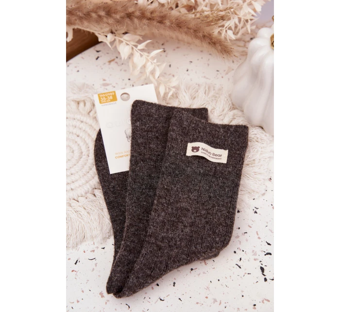 Teplé vlněné dámské ponožky s výšivkou tmavě hnědé