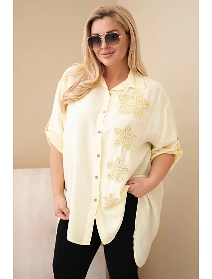 Dámská košile Plus Size z viskózy s květinovou výšivkou žlutá