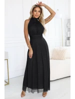 636-3 VERONICA luxusní dlouhé šaty s brokátovým akcentem a elegantním střihem - černé
