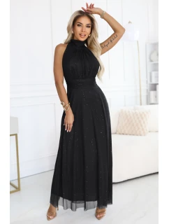 636-3 VERONICA luxusní dlouhé šaty s brokátovým akcentem a elegantním střihem - černé