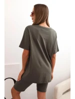 Dámský bavlněný komplet s krátkým rukávem a šortkami khaki Dámský bavlněný komplet s krátkým rukávem a šortkami khaki