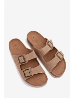 Kožené semišové dámské pantofle s přezkami tmavě béžové model 22125558 - Boto