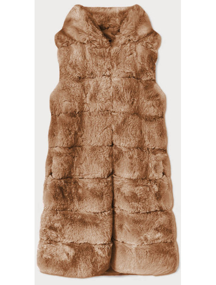 Světle hnědá dlouhá kožešinová vesta a kapucí (BR9745-12)
