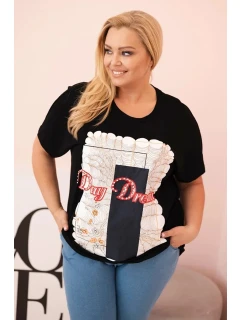 Dámská bavlněná halenka Plus Size s potiskem „Day Dream“ černá + tmavě modrá