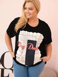 Dámská bavlněná halenka Plus Size s potiskem  černá + tmavě modrá model 21175953 - K-Fashion