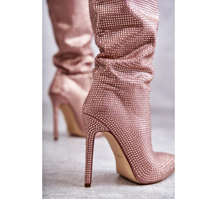 Módní kozačky na vysokém podpatku s kubickými zirkony model 21596914 - Boto