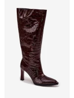 Kožené lakované dámské kozačky na podpatku s  bordó model 21713957 - D&A