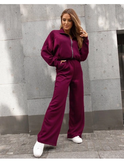 Dámský komplet ve vínové bordó barvě - mikina se stojáčkem a široké kalhoty (821109)