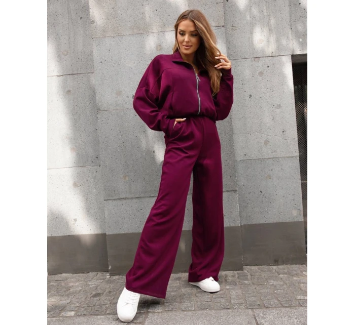 Dámský komplet ve vínové bordó barvě - mikina se stojáčkem a široké kalhoty (821109)