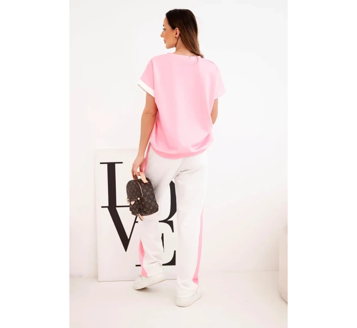 Dámský máslový komplet s oversize mikinou a širokými kalhotami světle růžová + bílá