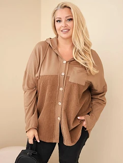 Dámská bavlněná mikina Plus Size s kapucí a knoflíky camelová
