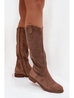 Dámské kozačky s perforovaným vzorem na nízkém podpatku S.Barski HY61-8022 Hnědé