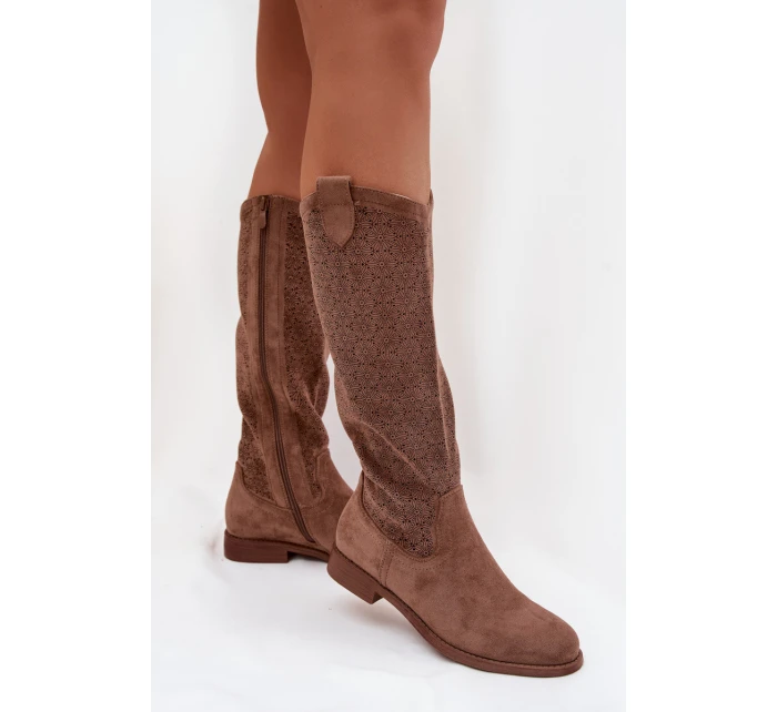 Dámské kozačky s perforovaným vzorem na nízkém podpatku S.Barski HY61-8022 Hnědé