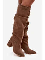 Dámské zateplené kozačky na podpatku Zazoo – světle hnědé, pravý semiš