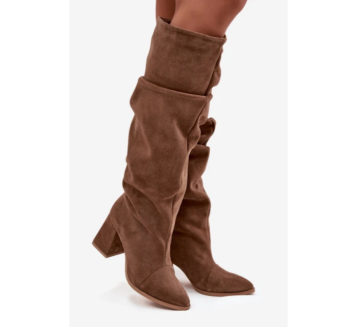 Dámské zateplené kozačky na podpatku Zazoo – světle hnědé, pravý semiš