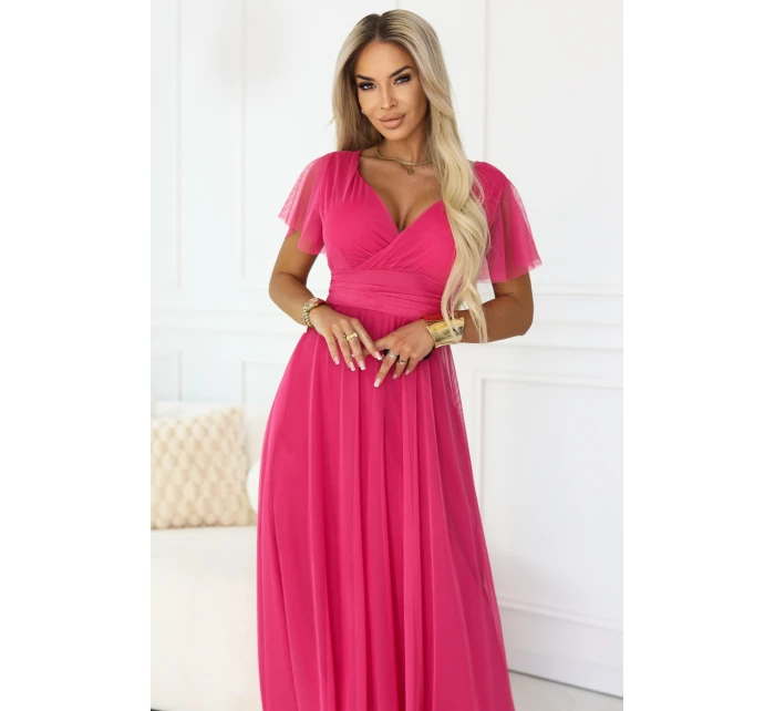 562-9 NASTIA Dlouhé šaty s výstřihem, kosticemi a krátkými rukávy - malinový sorbet