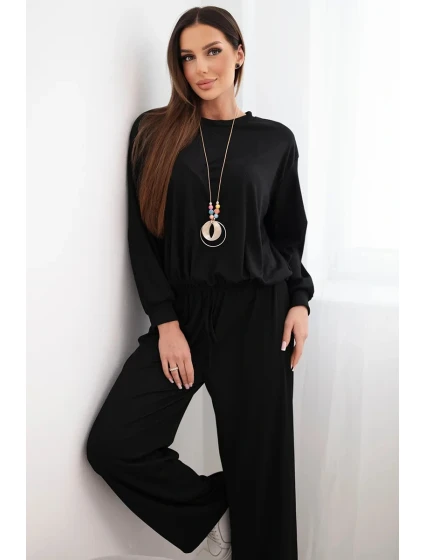 Dámská souprava z viskózy s řetízkem a široké kalhoty černý Dámská souprava z viskózy s řetízkem a široké kalhoty černý