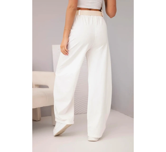 Dámské bavlněné kalhoty se širokými nohavicemi a páskem ecru