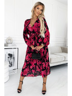 Černé dámské plisované midi šaty s výstřihem, dlouhými rukávy, páskem a se vzorem růží model 18625739 - numoco basic